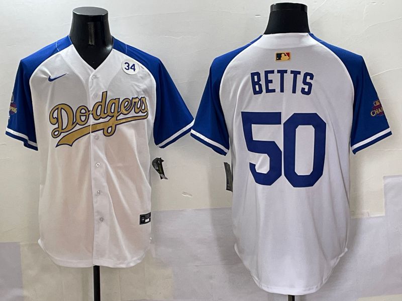 Men Los Angeles Dodgers 50 Betts White Blue Champion gold character Nike 2025 MLB Jersey style 5057